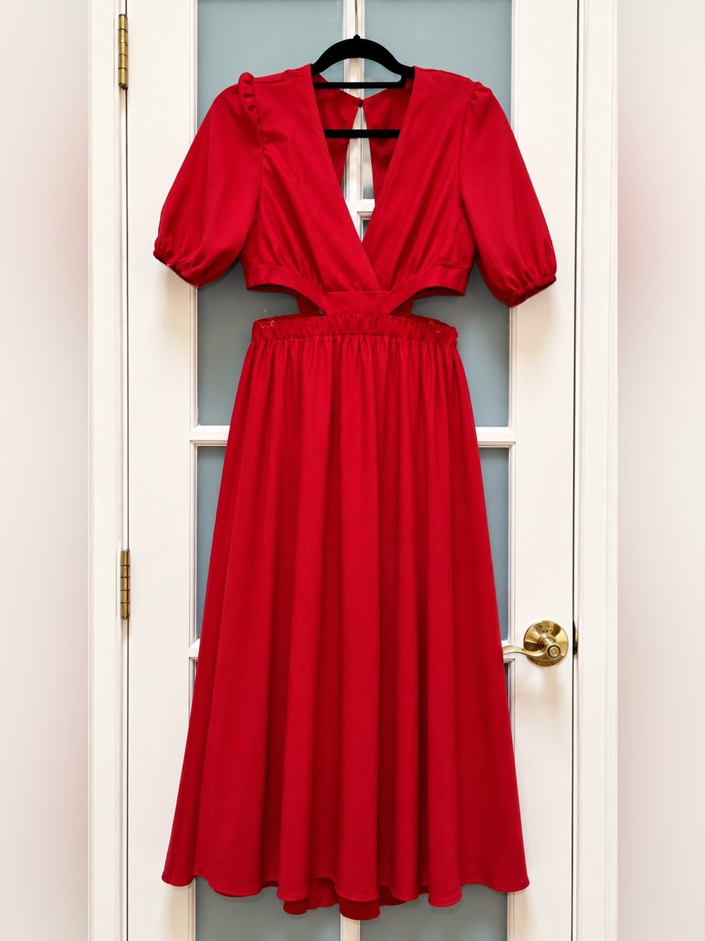SHEIN Red Cut-Out Midi Dress with Puff Sleeves – Size Medium - Picture 3 of 5